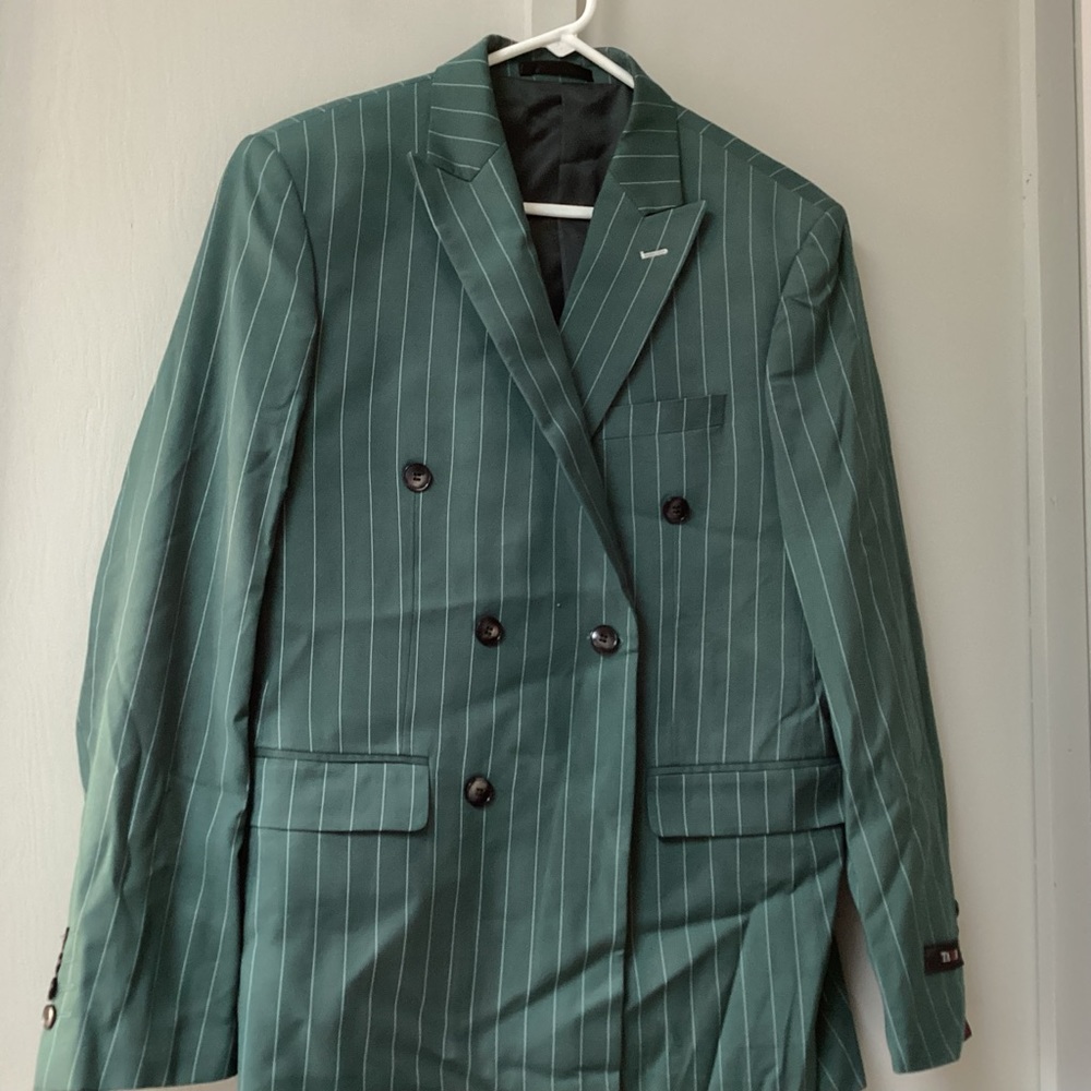 NWT Tazio Men's Green Striped Size 40 Regular Lined Skinny Fit Double Breast
